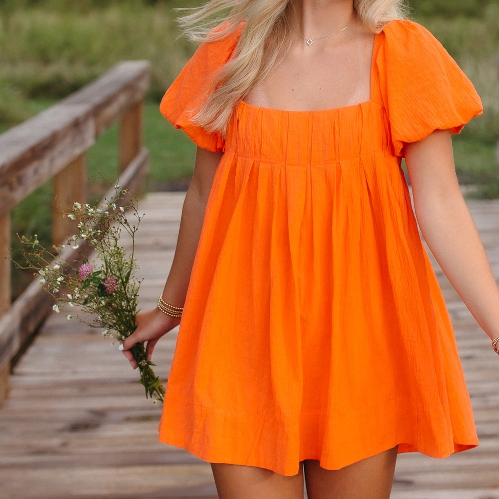 Orange Puff Sleeve Mini Dress With Open Back
